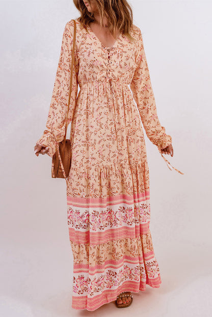 Bohemian Lace-Up Long Sleeve Maxi Dress [Spirit and Rebel]   