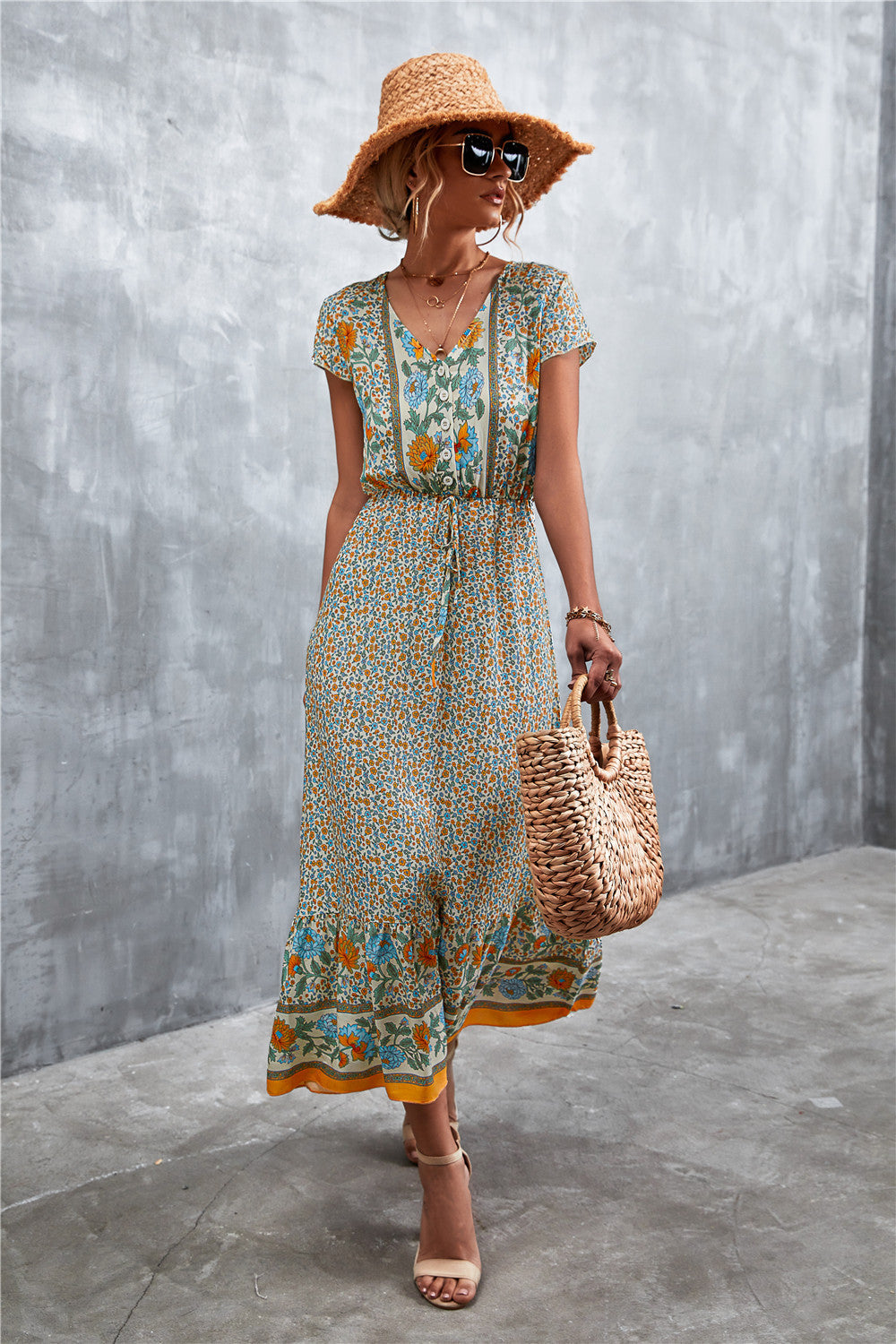 V-Neck Short Sleeve Printed Maxi Dress [Spirit and Rebel]   