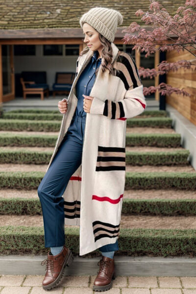 Striped Open Front Long Sleeve Longline Sweater Cardigan [Spirit and Rebel]   