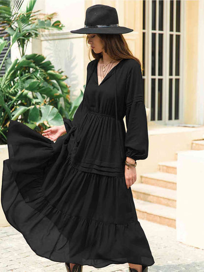 Tie Neck Long Sleeve Midi Tiered Dress [Spirit and Rebel]   