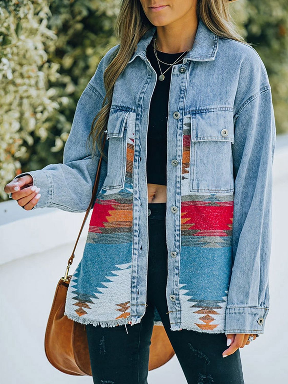 Collared Neck Dropped Shoulder Denim Jacket [Spirit and Rebel]   