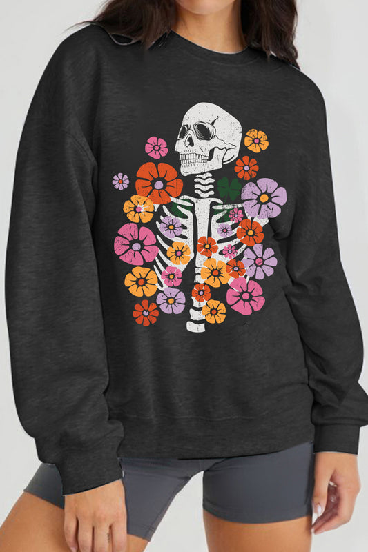 Simply Love Simply Love Full Size Flower Skeleton Graphic Sweatshirt [Spirit and Rebel] Black S 