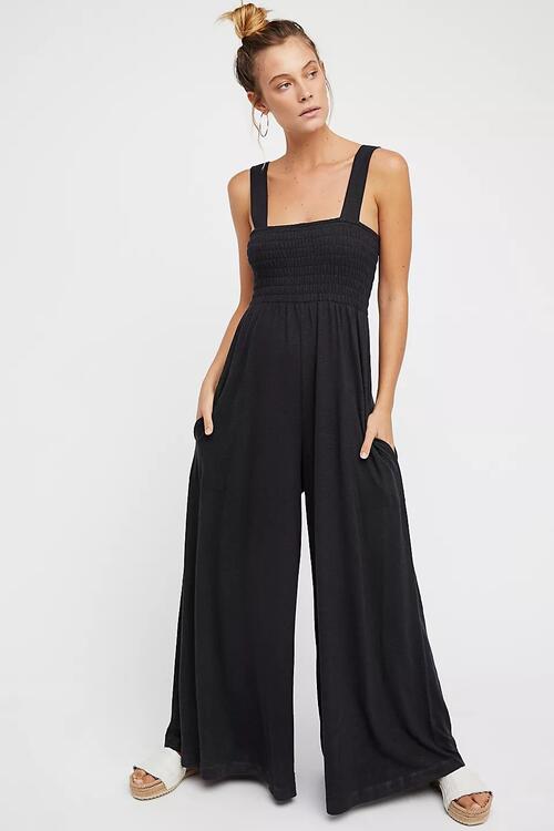 Boho Chic  Smocked Wide Strap Jumpsuit [Spirit and Rebel] Black S 