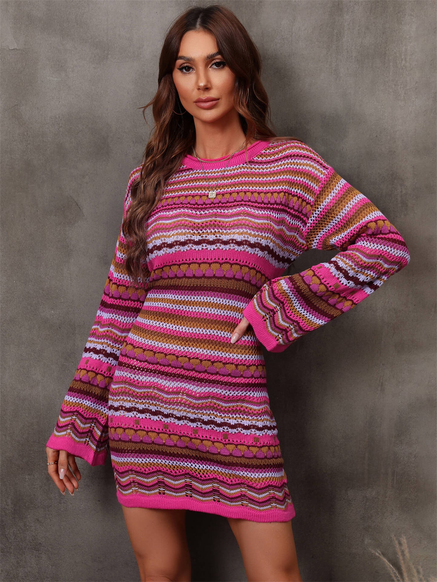 Boho Multicolored Stripe Dropped Shoulder Sweater Dress [Spirit and Rebel] Fuchsia S 