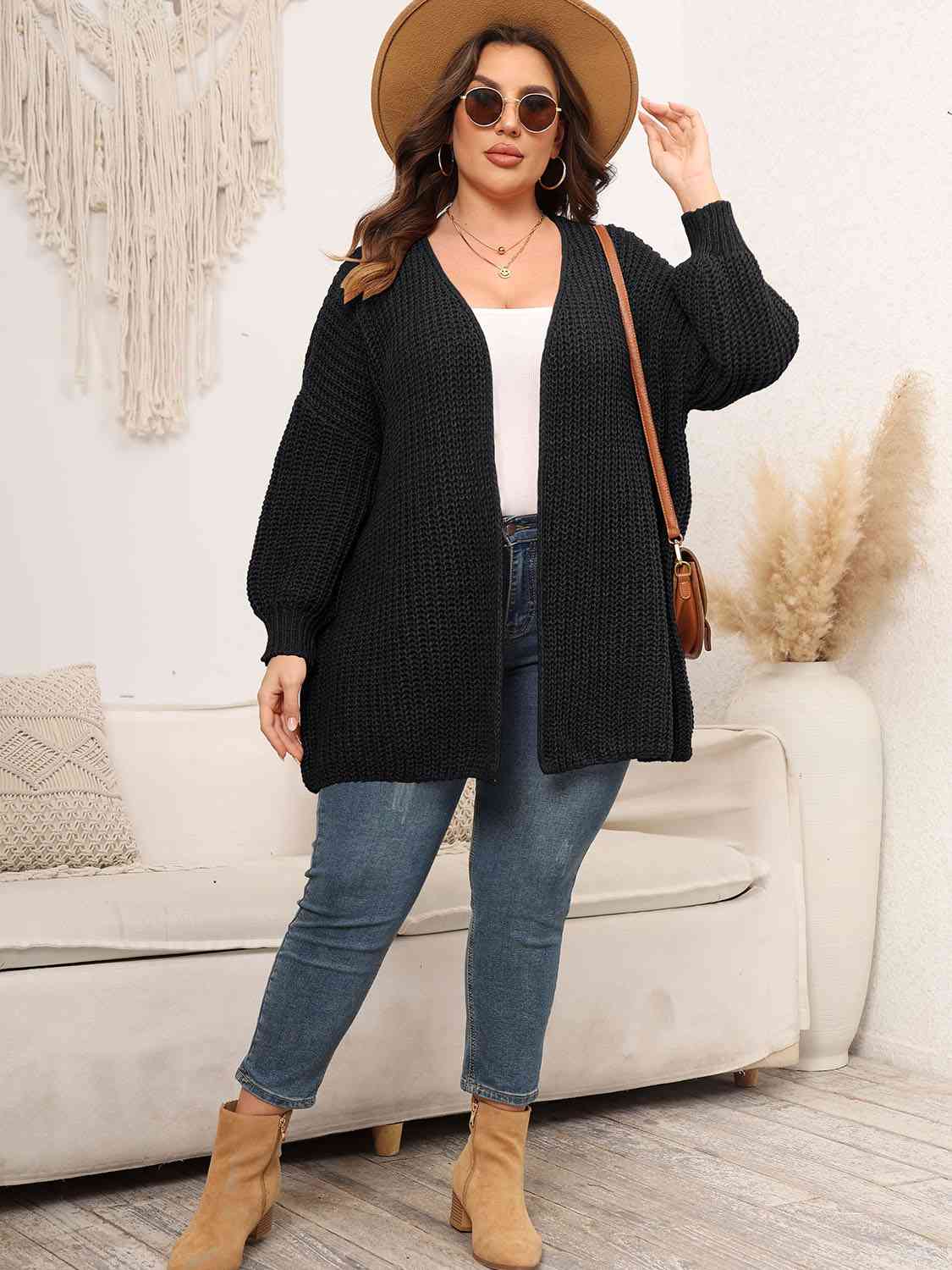 Plus Size Open Front Dropped Shoulder Knit Cardigan [Spirit and Rebel]   