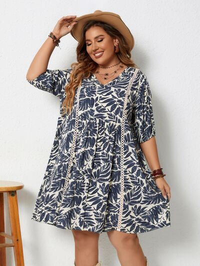 Boho Chic  Plus Size Printed V-Neck Half Sleeve Mini Dress [Spirit and Rebel] Dusty  Blue 0XL 