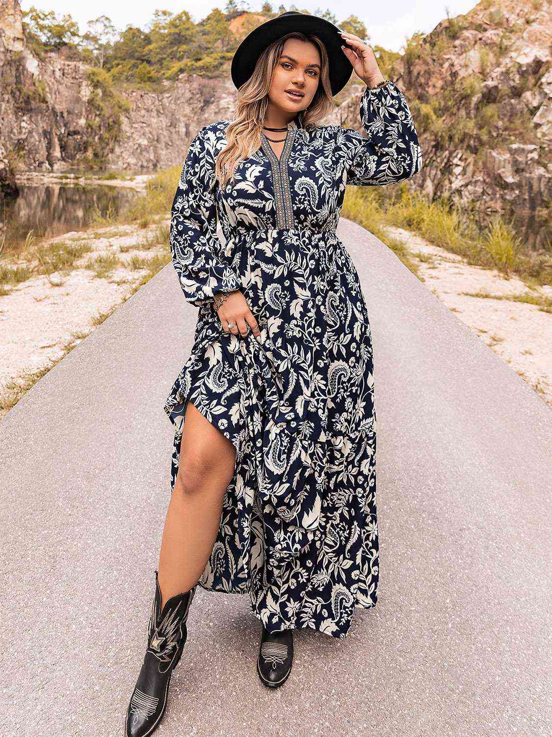 Plus Size Long Sleeve Boho Maxi Dress