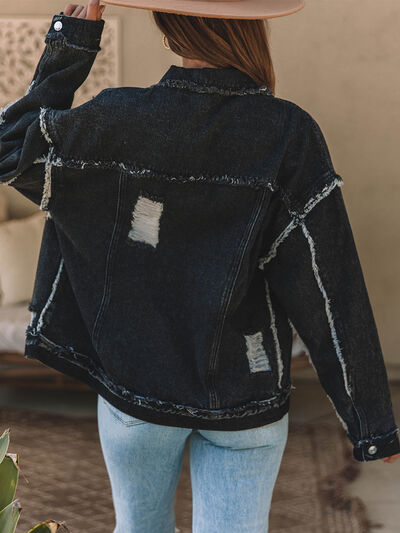 Boho Button Up Raw Hem Distressed Denim Jacket [Spirit and Rebel]   