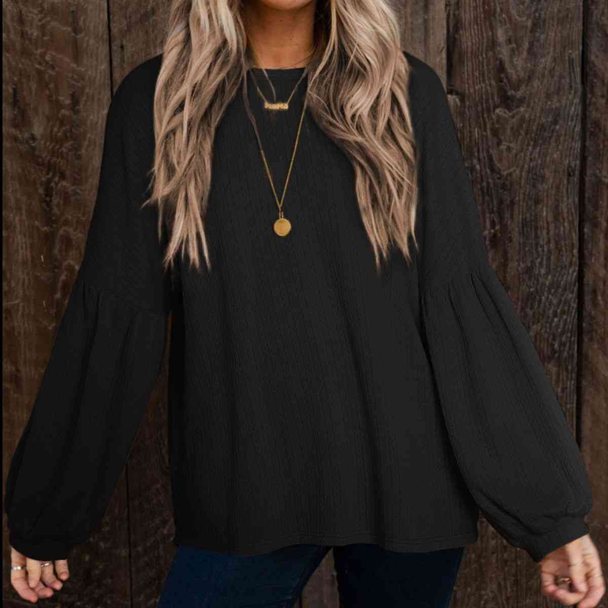 Round Neck Long Sleeve Ruched Blouse [Spirit and Rebel] Black S 