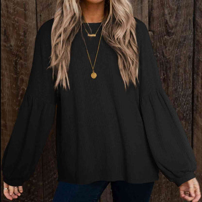 Round Neck Long Sleeve Ruched Blouse [Spirit and Rebel] Black S 