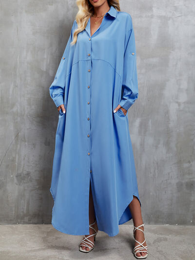 Button Up Dropped Shoulder Roll-Tab Sleeve Dress [Spirit and Rebel]   