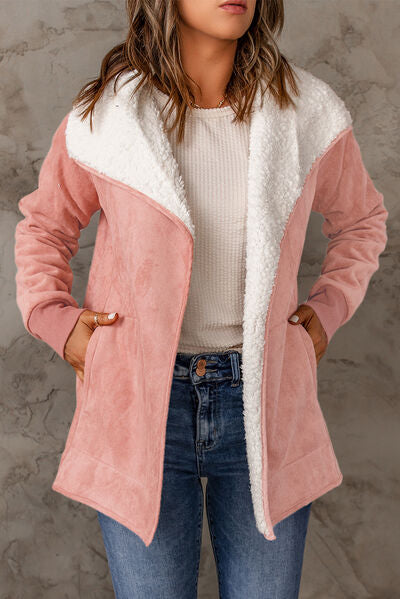 Boho Chic  Open Front Long Sleeve Sherpa Jacket with Pockets [Spirit and Rebel] Dusty Pink S 