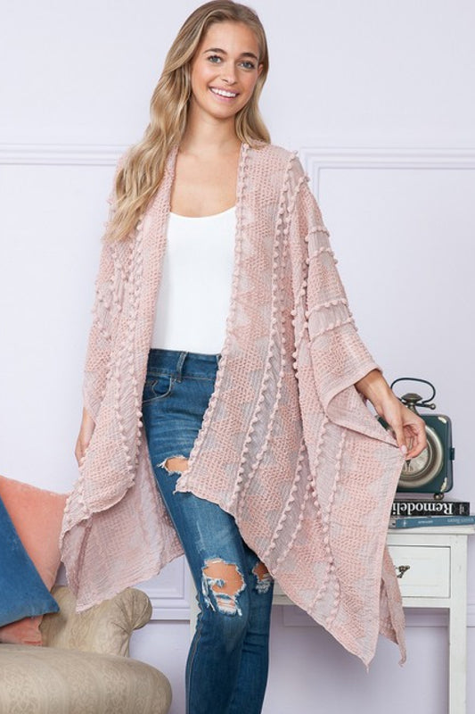 Justin Taylor Pom-Pom Open Front Poncho Boho Cardigan [Spirit and Rebel] Rose One Size 