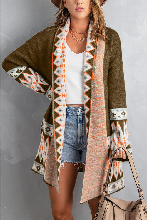 Boho Chic  Geometric Open Front Long Sleeve Cardigan [Spirit and Rebel]   