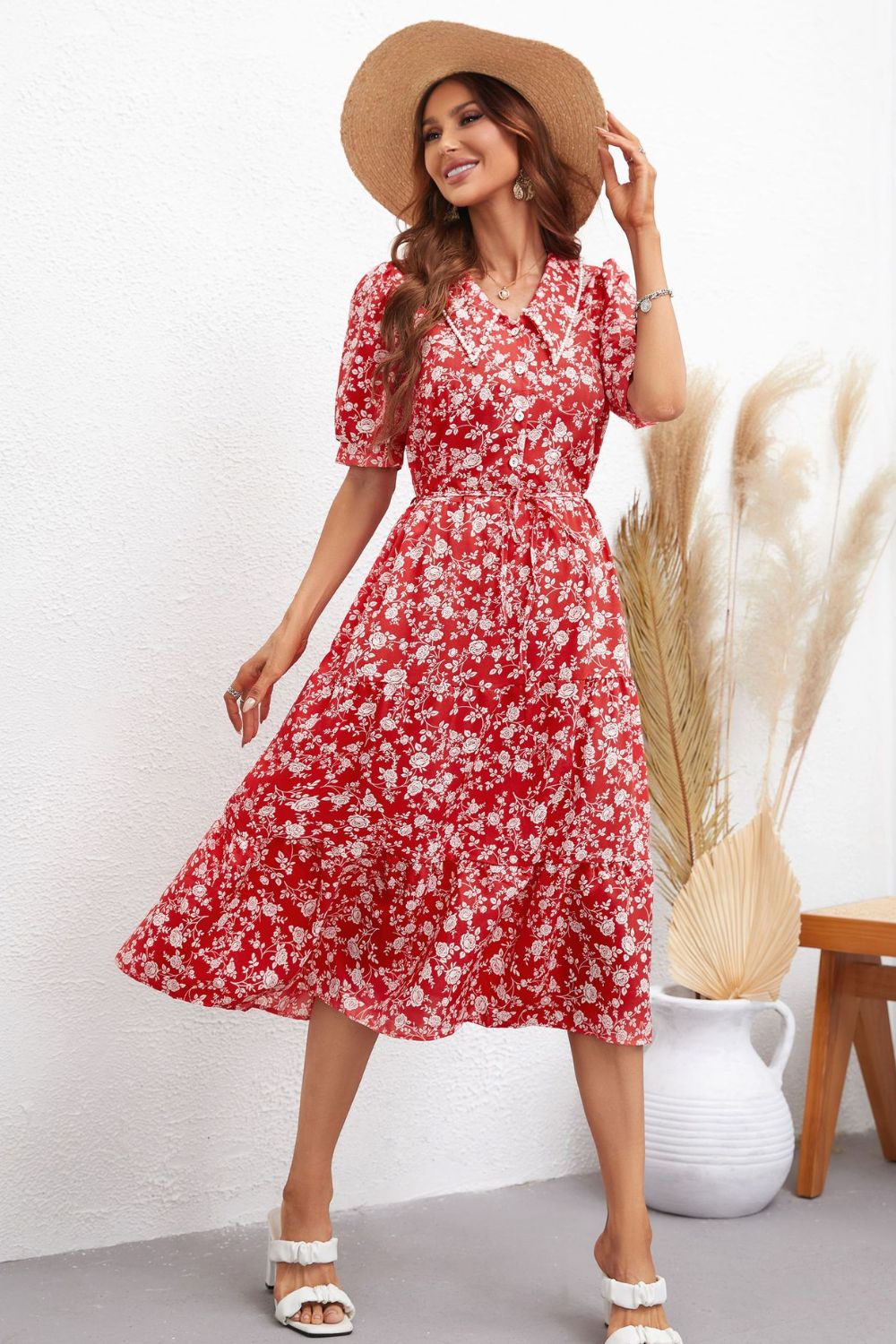 Boho Chic Floral Tie Waist Puff Sleeve Midi Dress [Spirit and Rebel] Deep Red S 