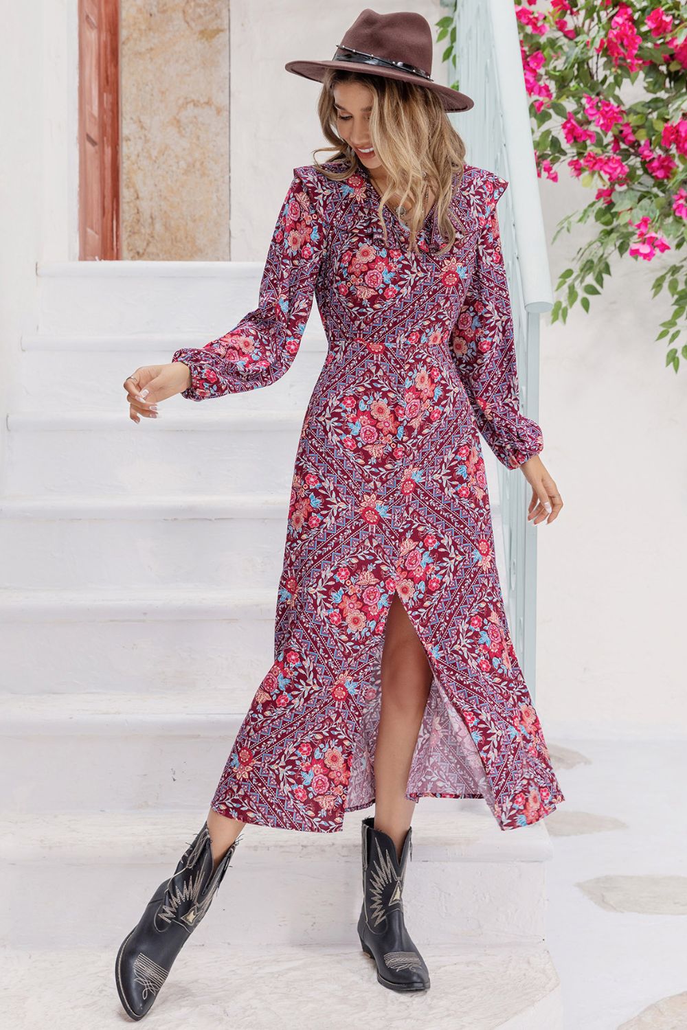 Printed Long Sleeve Slit Midi Dress [Spirit and Rebel]   