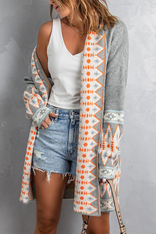 Boho Chic  Geometric Open Front Long Sleeve Cardigan [Spirit and Rebel]   