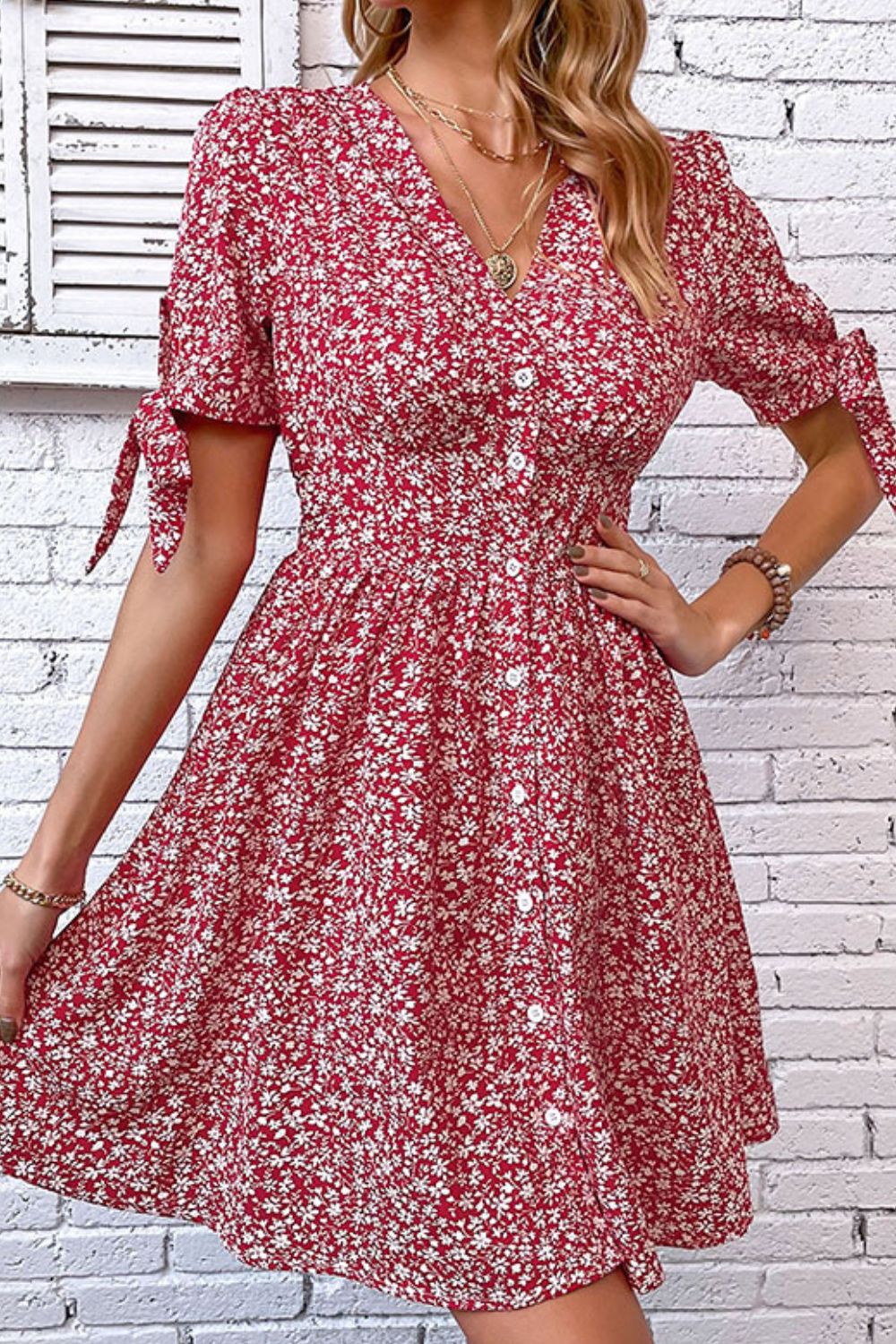 Ditsy Floral Tied Puff Sleeve Button Front Boho Dress [Spirit and Rebel]   