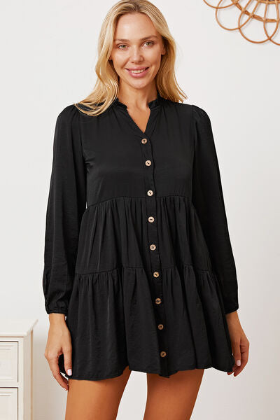 Ruffled Button Up Long Sleeve Tiered Plus Size Boho Shirt [Spirit and Rebel] Black XS 