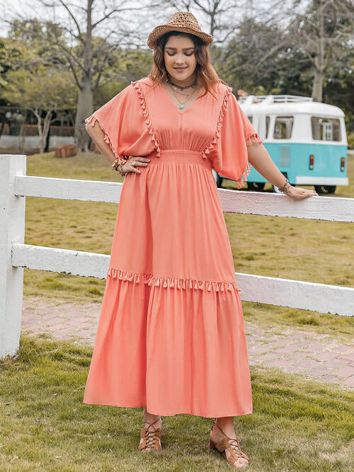 Boho Chic  Plus Size Tassel Trim V-Neck Short Sleeve Ruffle Hem Dress [Spirit and Rebel] Coral 0XL 