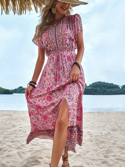 Boho Floral Slit V-Neck Maxi Dress [Spirit and Rebel]   