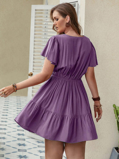 Double Take Plus Size Ruffle Hem V-Neck Short Sleeve Dress [Spirit and Rebel]   