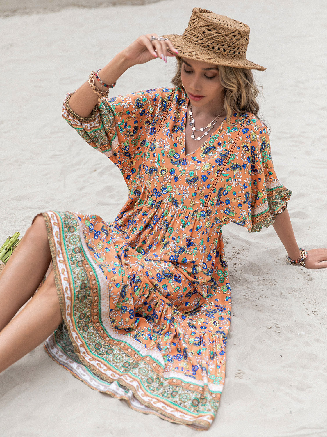 Printed V-Neck Short Sleeve Maxi Dress [Spirit and Rebel]   