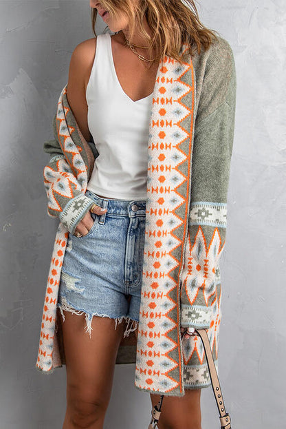 Boho Chic  Geometric Open Front Long Sleeve Cardigan [Spirit and Rebel]   