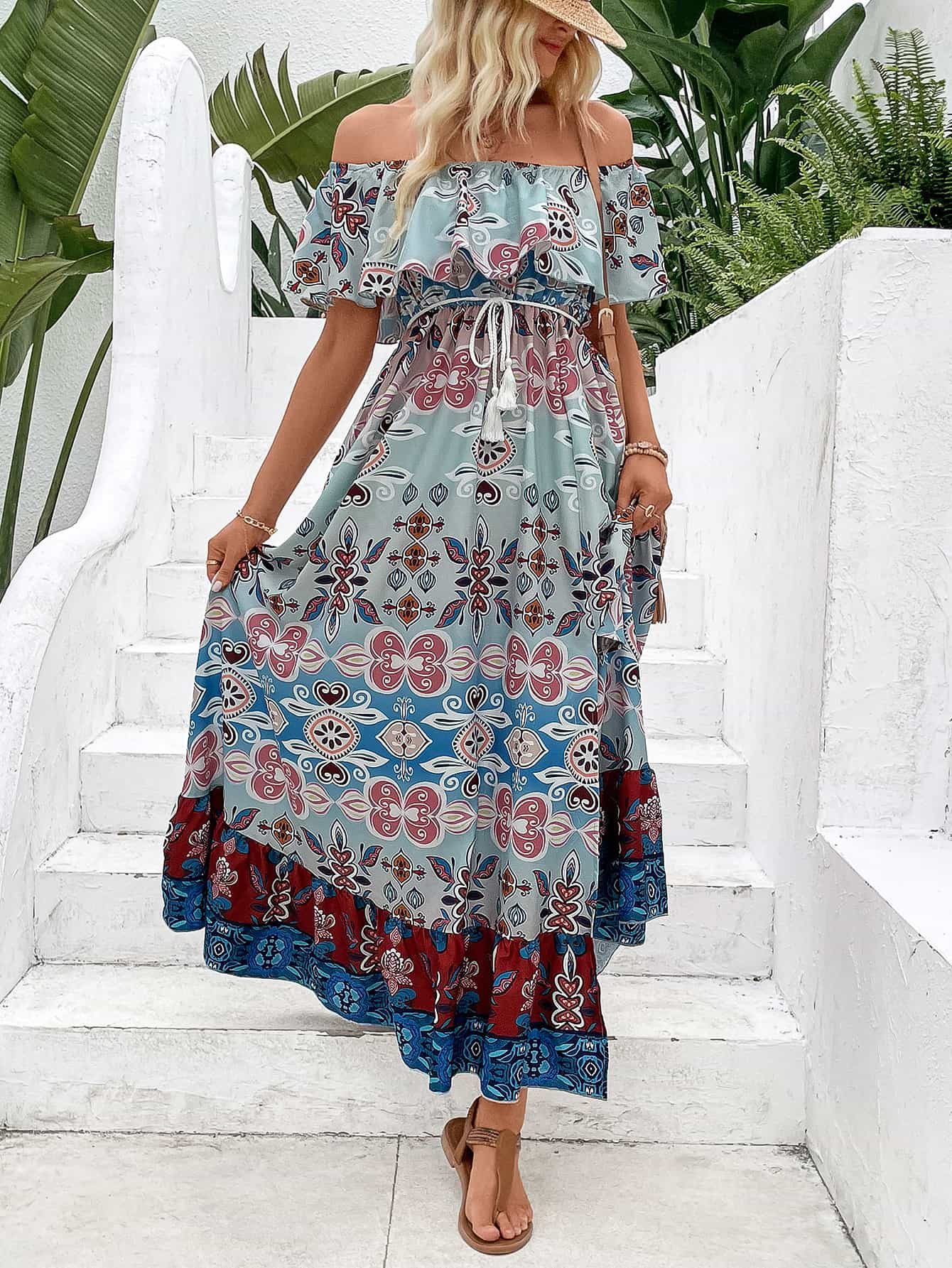 Printed Off-Shoulder Slit Maxi Dress [Spirit and Rebel]   