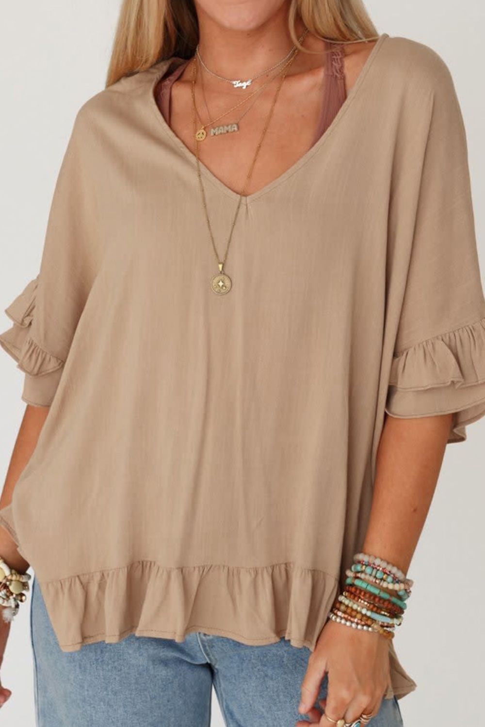 Ruffled V-Neck Half Sleeve Blouse [Spirit and Rebel]   