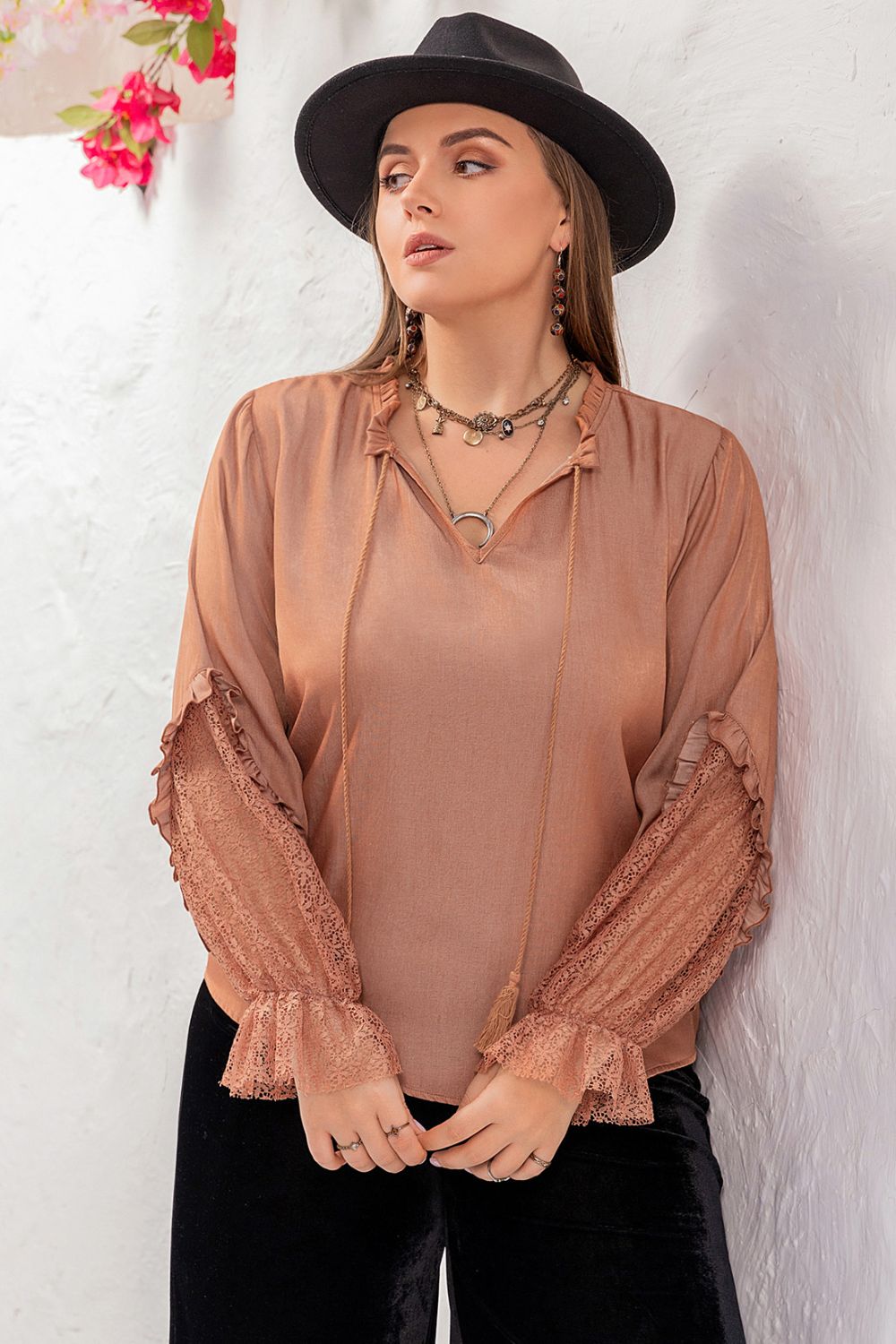 Plus Size Boho Tie Neck Flounce Sleeve Blouse [Spirit and Rebel]   