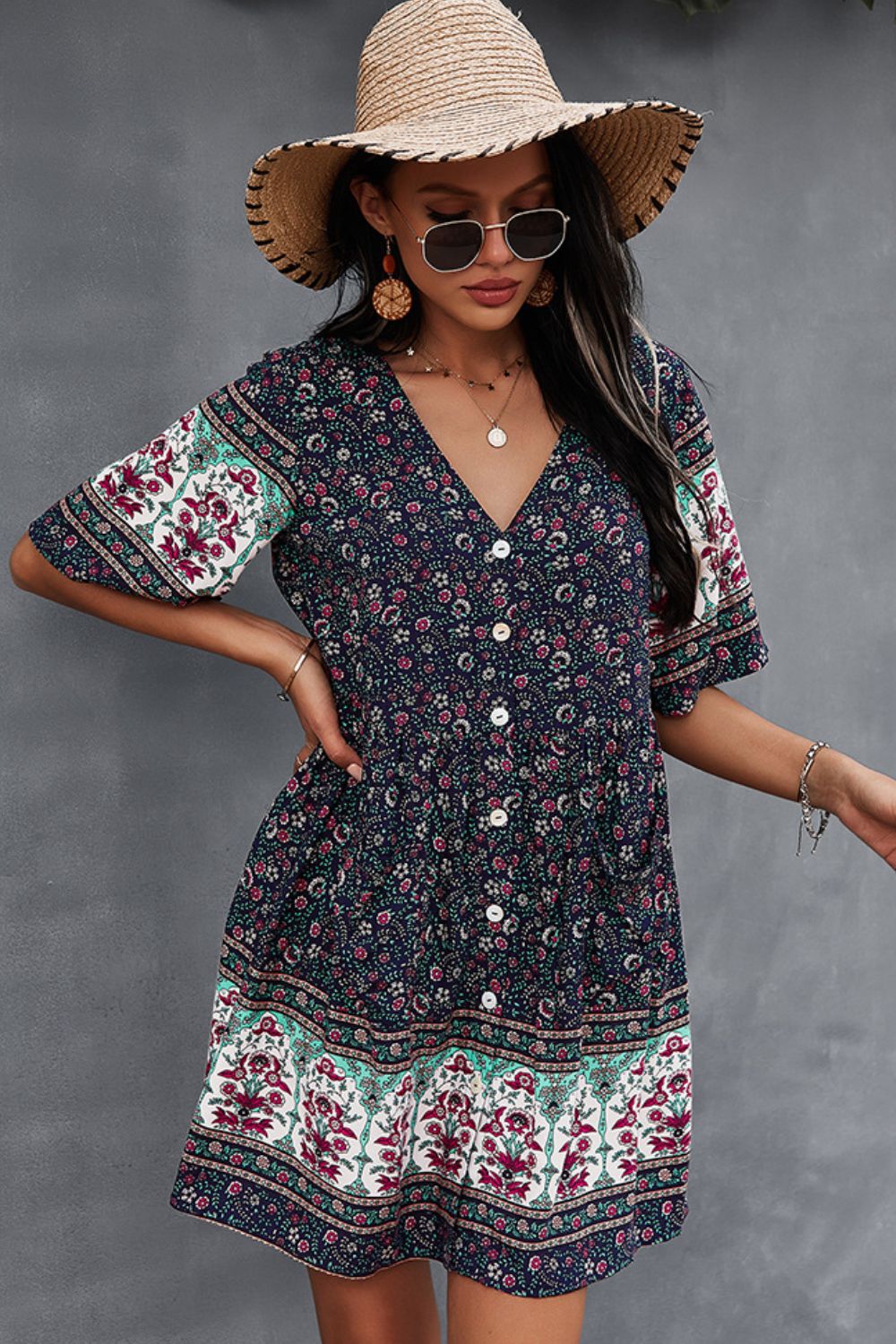 Bohemian V-Neck Half Sleeve Dress [Spirit and Rebel]   