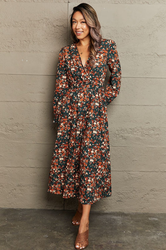 Printed Surplice Neck Long Sleeve Dress [Spirit and Rebel] Floral S 