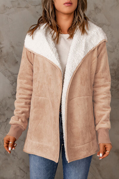 Boho Chic  Open Front Long Sleeve Sherpa Jacket with Pockets [Spirit and Rebel] Pale Blush S 