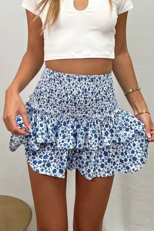 Printed Frill Trim Smocked Boho Mini Skirt [Spirit and Rebel]   