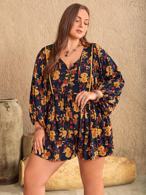 Plus Size Floral Tie Neck Balloon Sleeve Romper [Spirit and Rebel]   