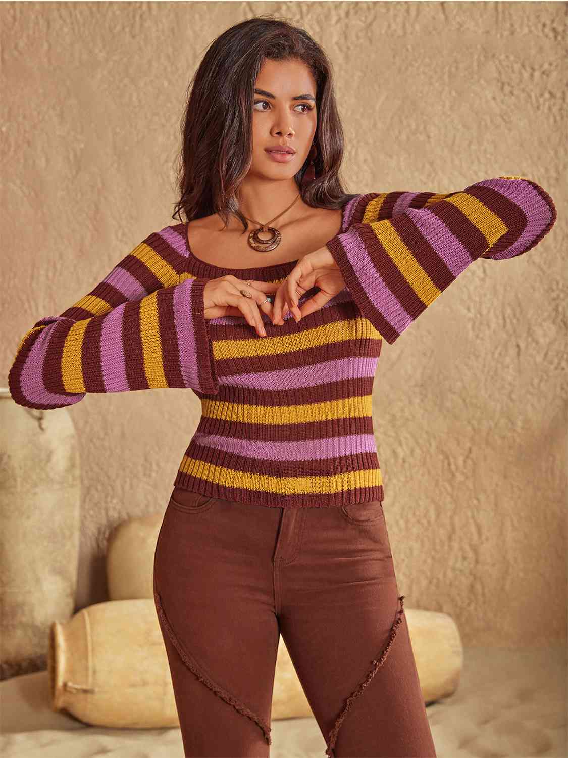 Striped Boat Neck Flare Sleeve Knit Top [Spirit and Rebel]   