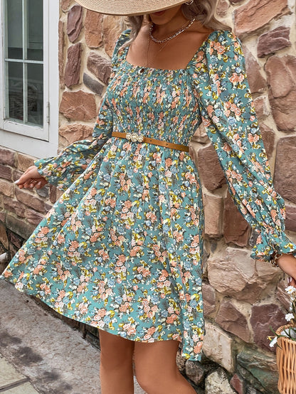 Boho Style Floral Smocked Flounce Sleeve Square Neck Dress [Spirit and Rebel]   