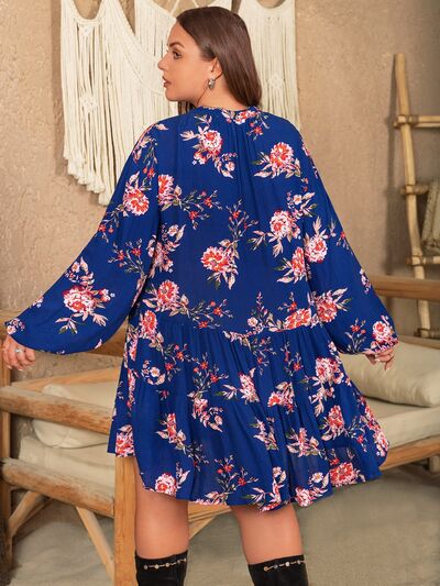 Plus Size Printed Tie Neck Balloon Sleeve Mini Dress [Spirit and Rebel]   