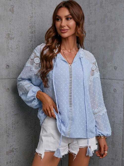 Boho Chic  Crochet Tassel Tie Neck Long Sleeve Blouse [Spirit and Rebel]   