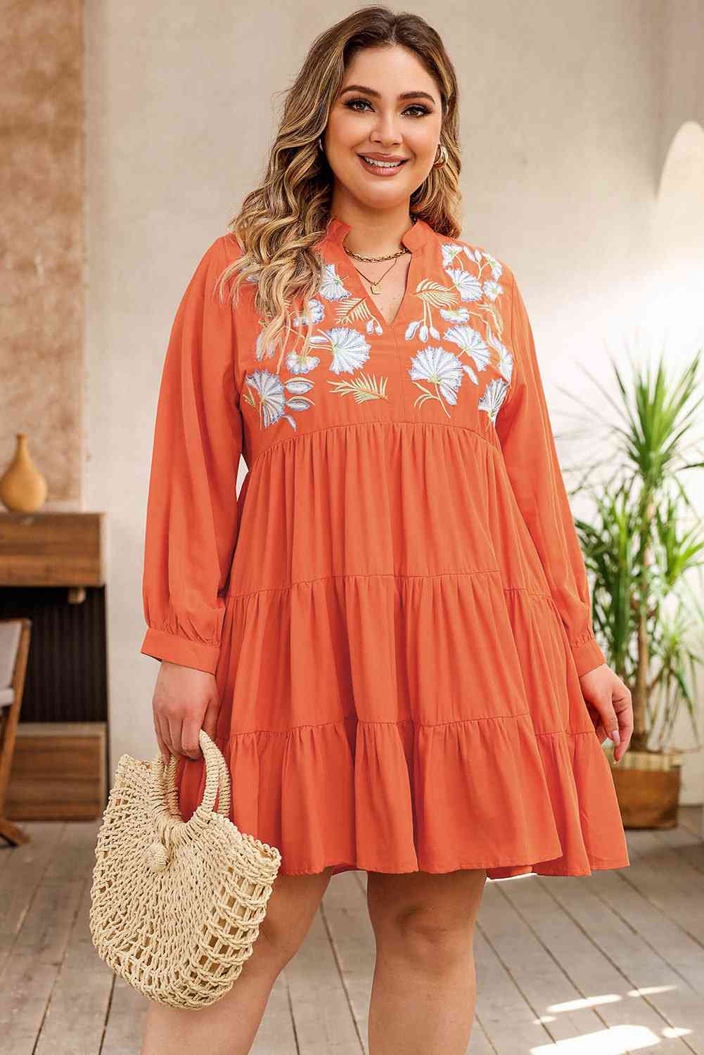 Plus Size Notched Neck Printed Long Sleeve Mini Dress [Spirit and Rebel] Orange 1XL 