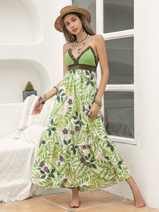 Backless Printed V-Neck Cami Dress [Spirit and Rebel] Lime S 