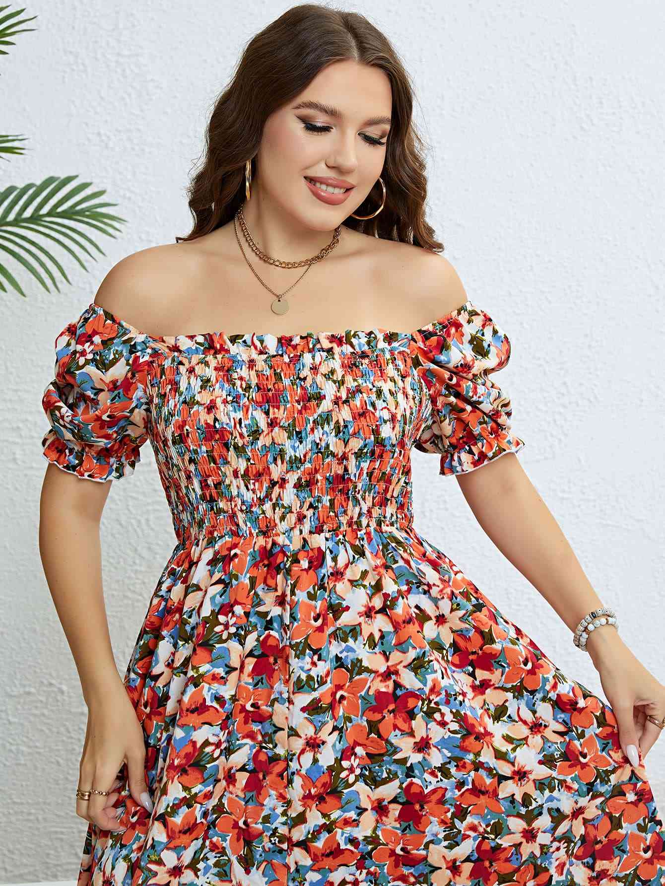 Plus Size Floral Smocked Square Neck Boho Dress [Spirit and Rebel]   