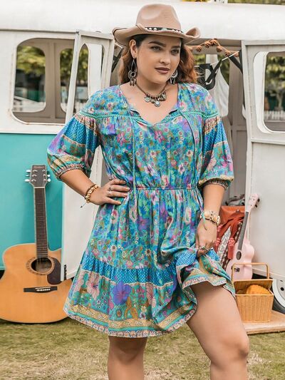 Boho Plus Size Printed Tie Neck Mini Dress [Spirit and Rebel] Sky Blue 0XL 