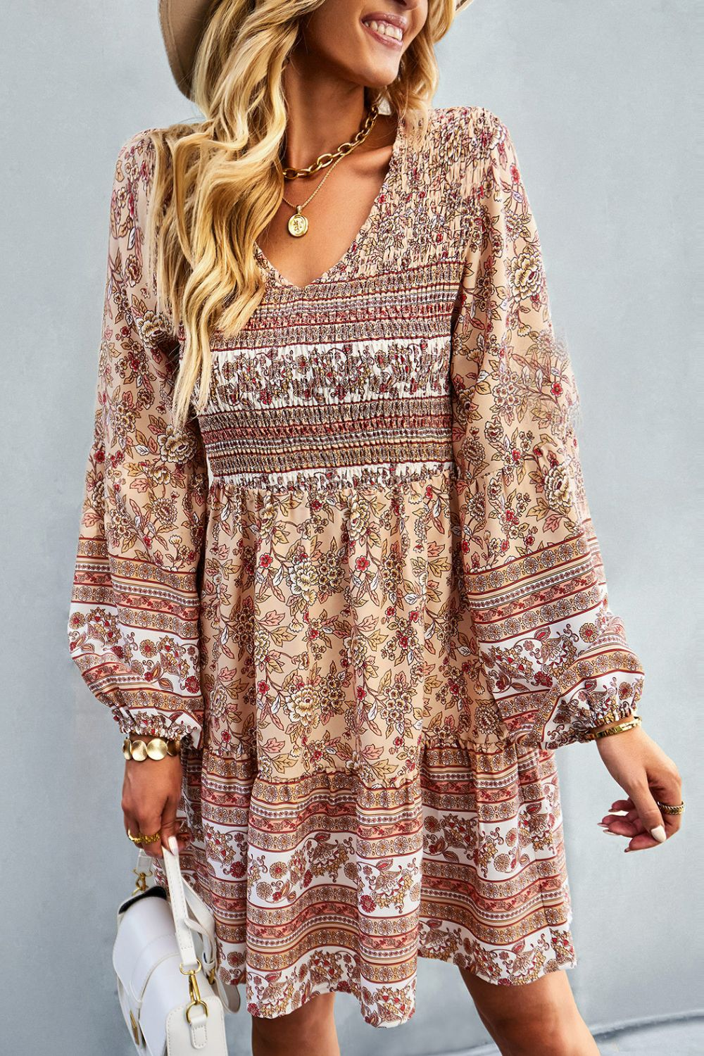 Boho Bohemian V-Neck Balloon Sleeve Dress [Spirit and Rebel]   