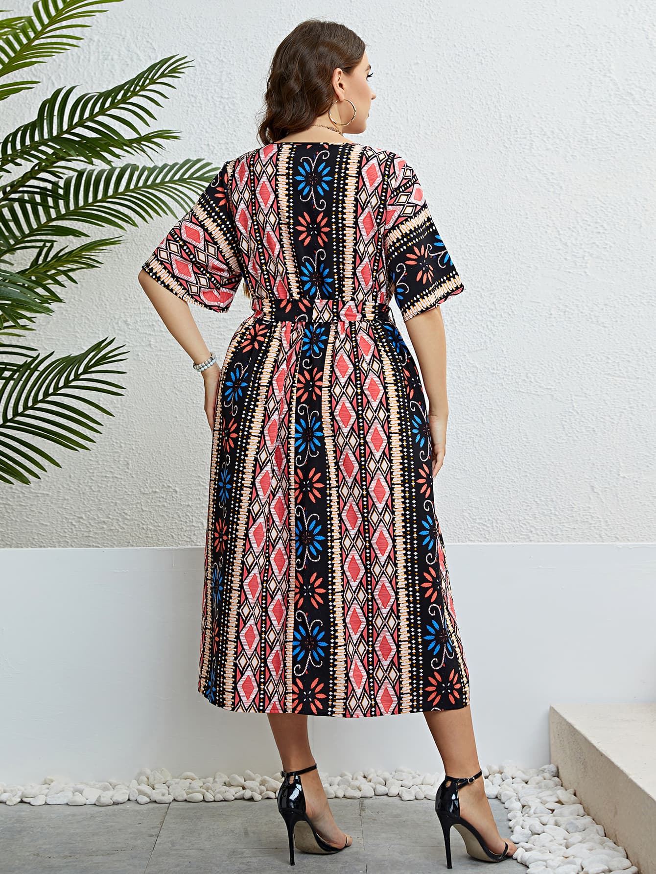 Plus Size Bohemian V-Neck Tie Belt Boho Midi Dress [Spirit and Rebel]   