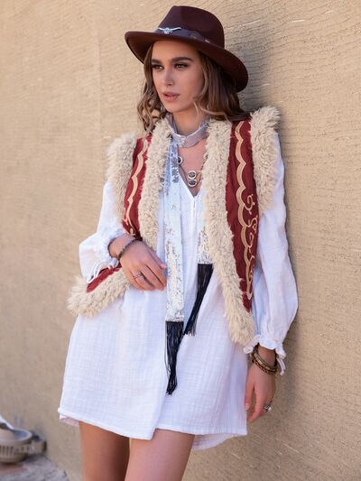 Boho Chic  Open Front Cropped Vest [Spirit and Rebel] Brick Red S 