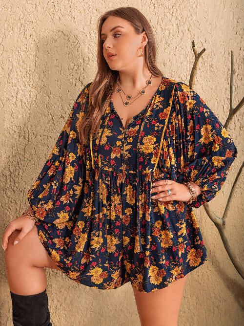 Plus Size Floral Tie Neck Balloon Sleeve Romper [Spirit and Rebel] Dark Navy 0XL 