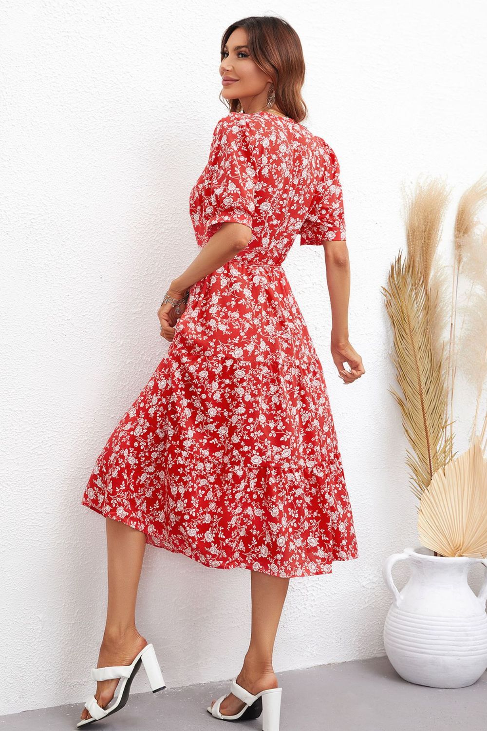 Boho Chic Floral Tie Waist Puff Sleeve Midi Dress [Spirit and Rebel]   