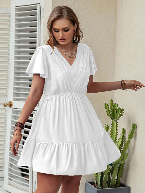 Double Take Plus Size Ruffle Hem V-Neck Short Sleeve Dress [Spirit and Rebel] White 0XL 